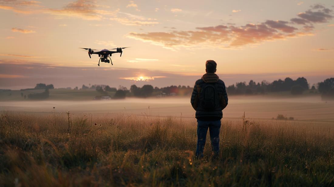 Fotografia hiper-realista de um entusiasta iniciando um drone Aero Drone Quadcopter X 03 ao amanhecer.