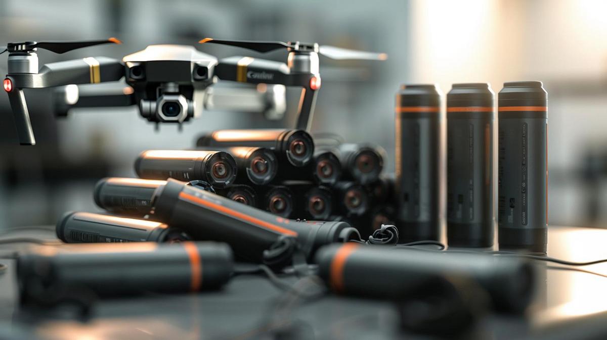 Fotografia hiper-realista de baterias de alta performance para drones, arranjadas em uma mesa moderna.
