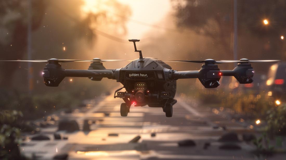 Drone Black Hornet hiperdetalhado em voo, iluminado por luz natural na base militar moderna.