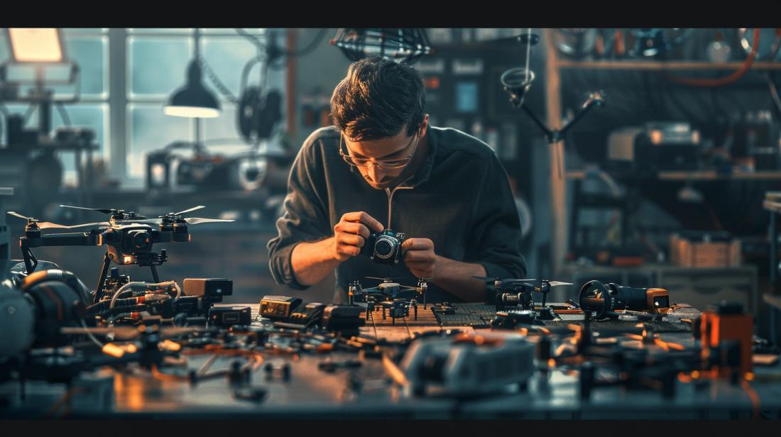 Entusiasta de drones examina acessórios high-tech em oficina moderna iluminada por luz natural.