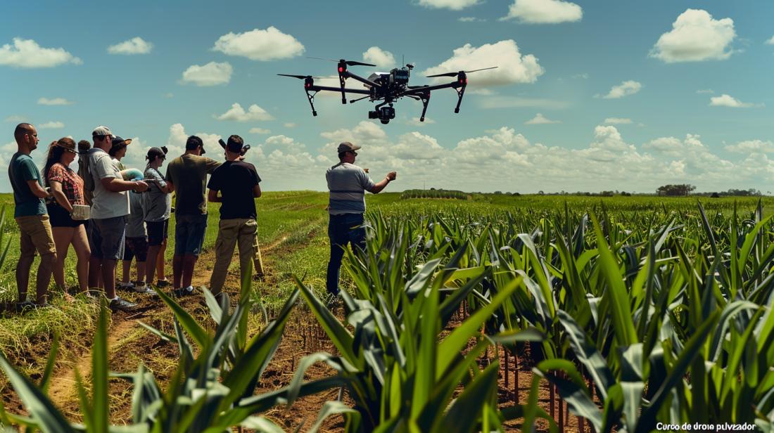 Treinamento de drones pulverizadores em campo agrícola, participantes aprendem com atenção e entusiasmo.