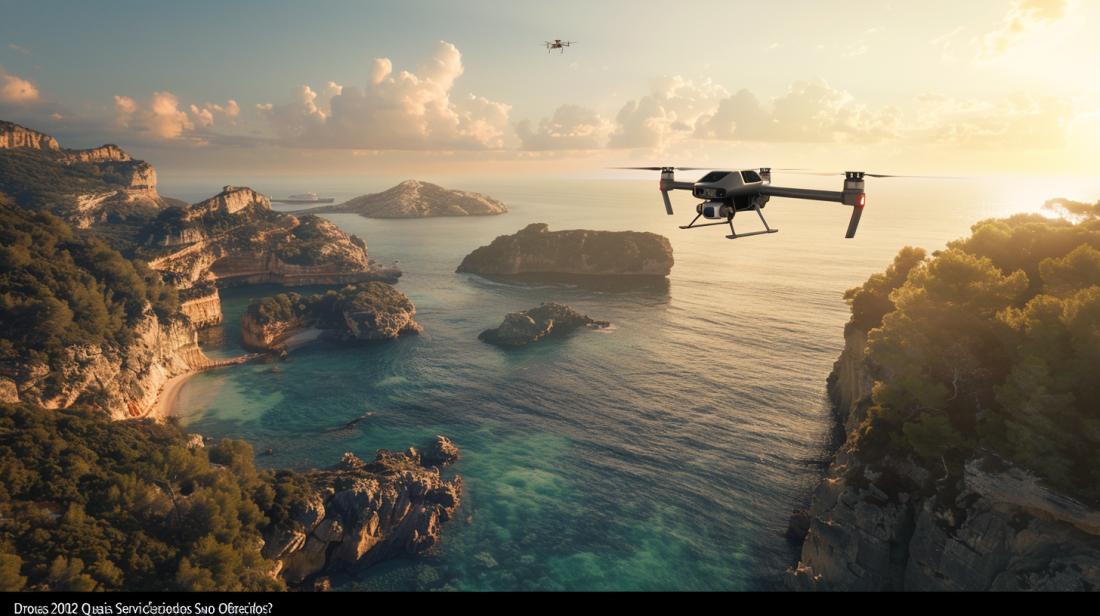 Imagem hiper-realista de drone moderno pairando sobre uma costa pitoresca durante a hora dourada.