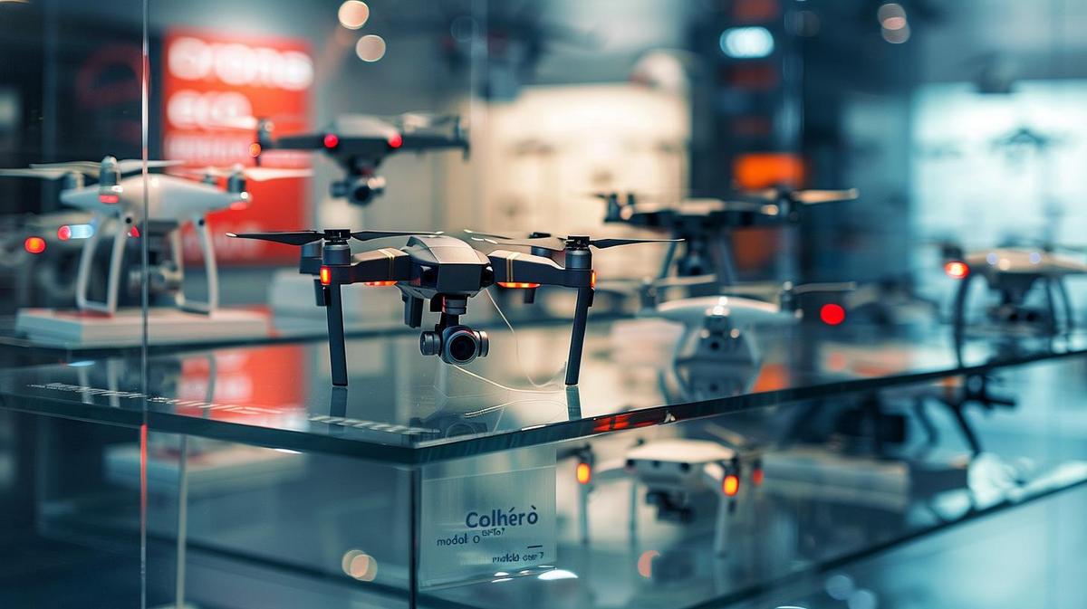 Fotografia hiper-realista de drones avançados em exibição numa sala de showroom moderna e minimalista.