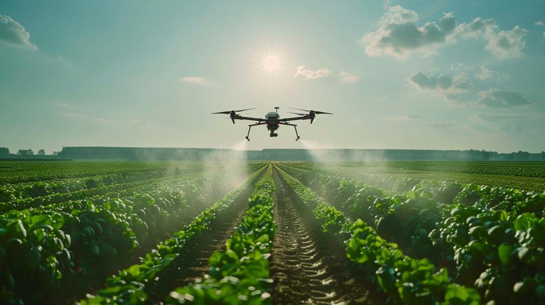 Drone Agras T40 em ação, pulverizando fertilizante sobre campo agrícola ensolarado.