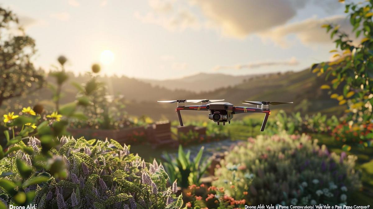 Imagem hipersurrealista do Drone Aldi em um jardim campestre com colinas floridas ao fundo.
