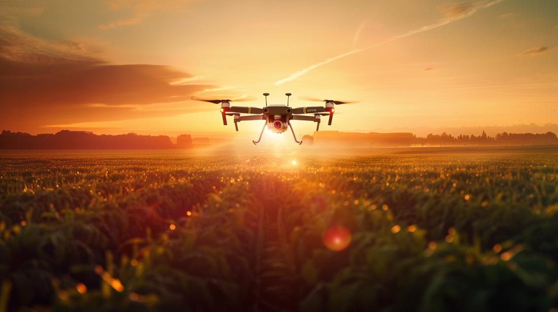Drone DJI Agras T40 sobre campo agrícola ao amanhecer, capturado com precisão hiper-realista.
