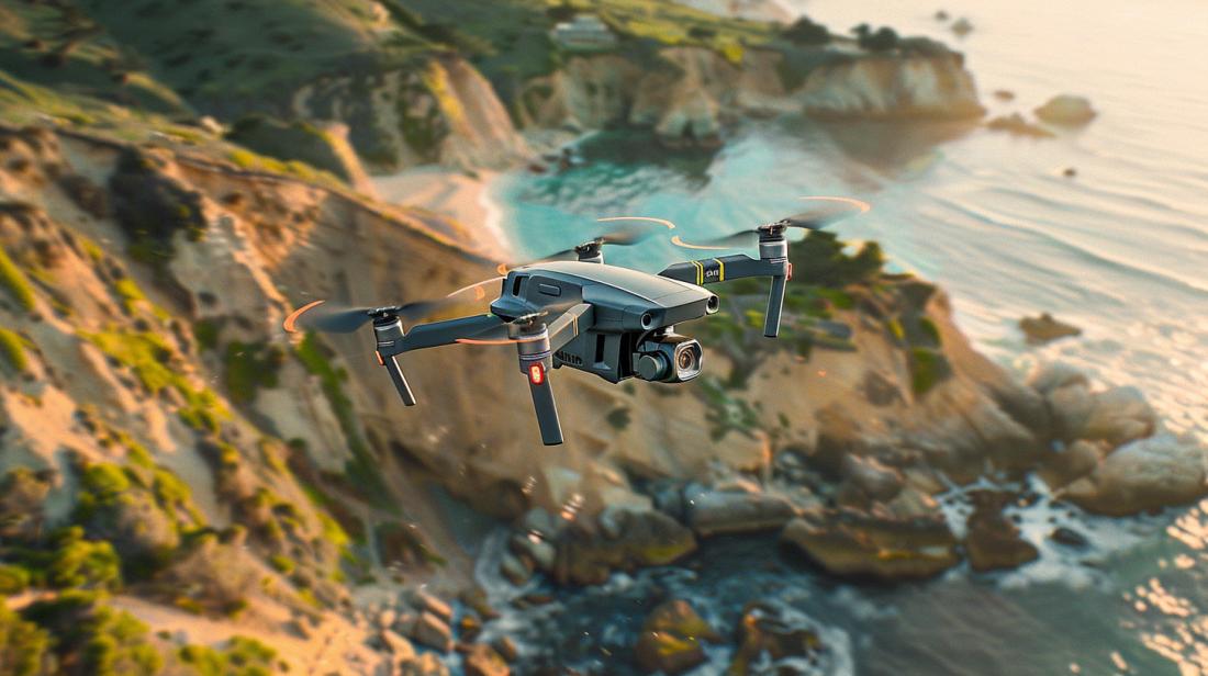 Fotografia hiper-realista do drone DJI Mini 3 Pro Combo pairando sobre paisagem costeira deslumbrante.