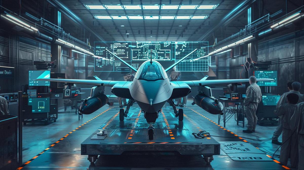 Fotografia hiperrrealista do Drone F18 em plataforma metálica em uma instalação avançada de testes aeroespaciais.