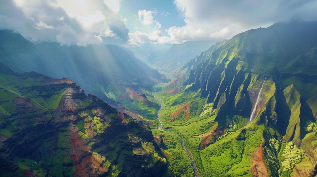 Fotografia aérea de um drone GoPro sobre vales verdes, montanhas e cachoeiras em alta resolução.