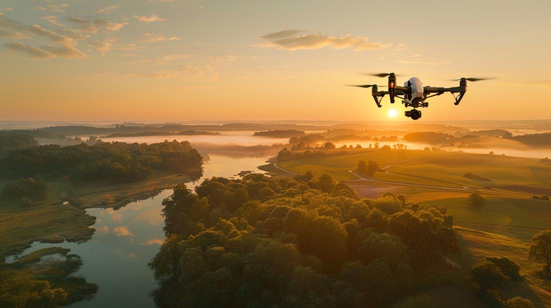 Foto hiper-realista do drone DJI Inspire 2 capturando paisagem exuberante ao pôr do sol.
