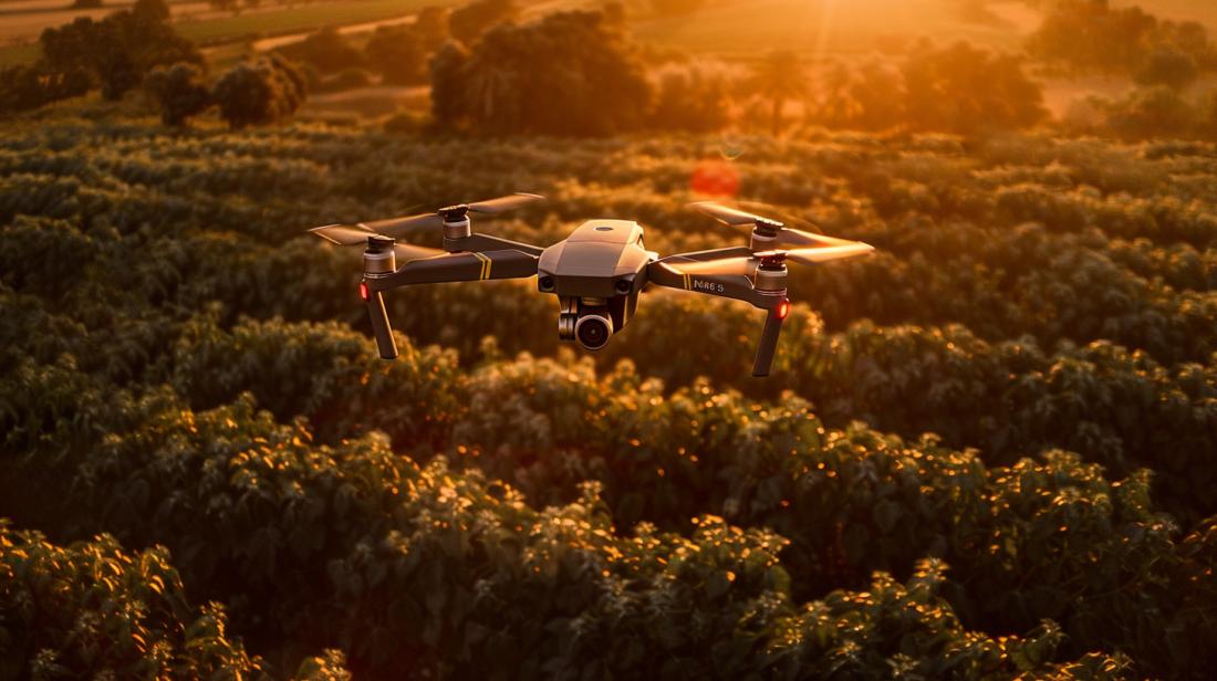 Drone DJI Mavic 3 Enterprise sobrevoa campo agrícola verde sob luz dourada, analisando saúde das plantas.