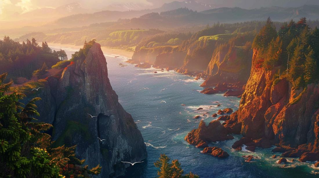 Fotografia hiperralista de Oregon ao pôr do sol, com litoral e florestas detalhados em 4K.