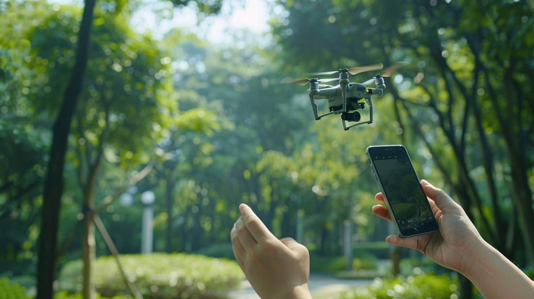 Indivíduo tech-savvy usando o aplicativo Drone SG106 no parque, capturando belas imagens aéreas.