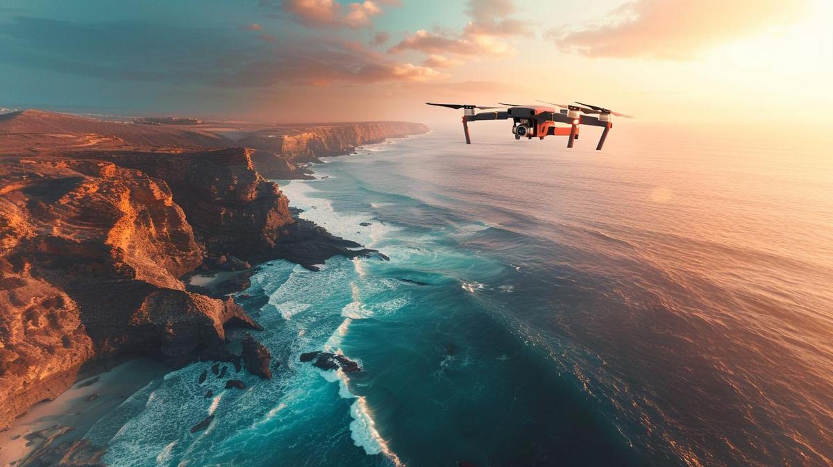 Fotografia hiper-realista de um Drone SG106 4K voando sobre uma costa ao pôr do sol.