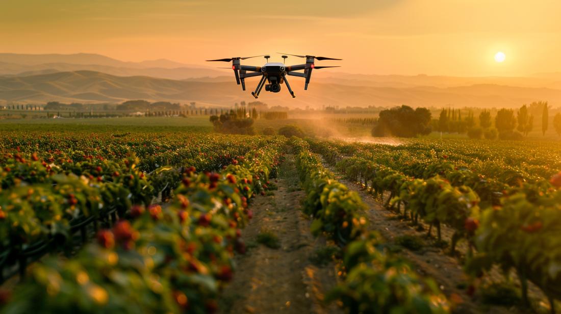 Fotografia hiperralista do Drone T50 sobrevoando campos verdes, destacando sua precisão e tecnologia avançada.