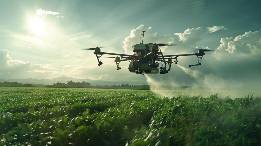 Drone agrícola avançado pulverizando nutrientes sobre um campo verde exuberante em uma imagem hiperrrealista.