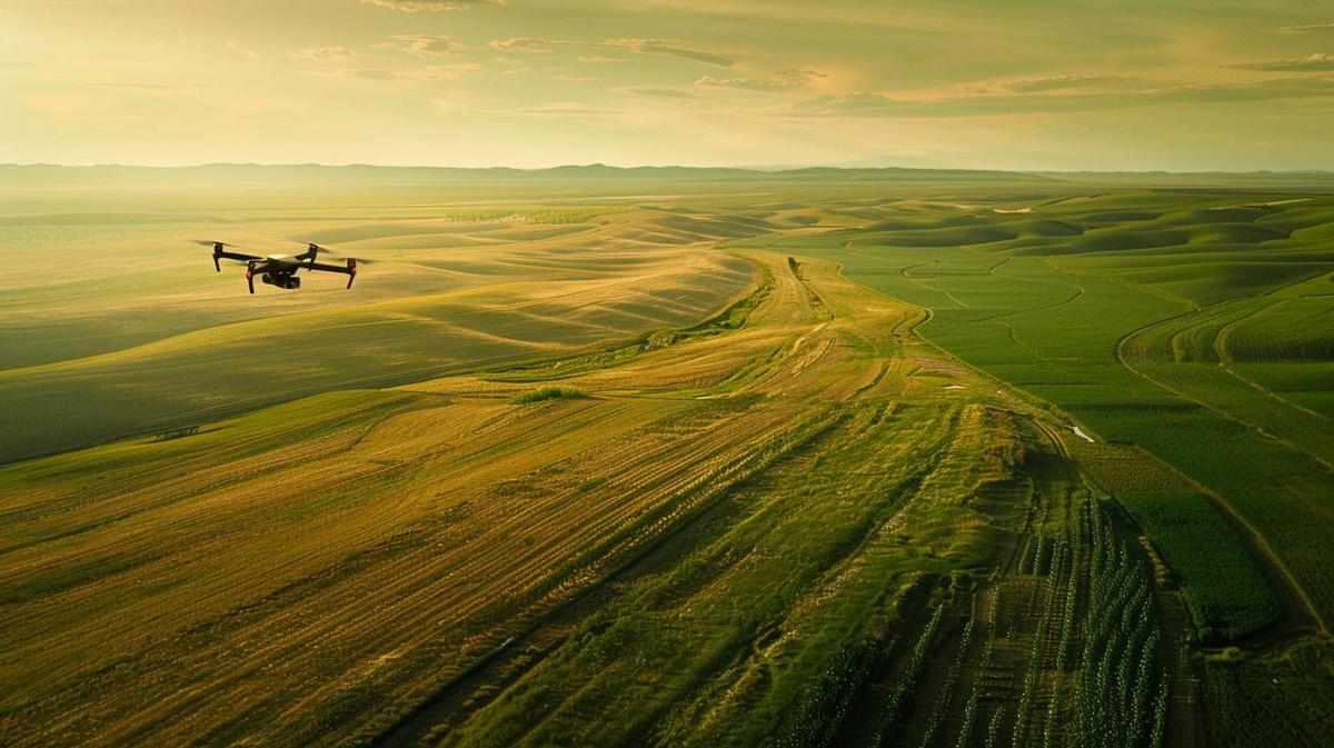 Foto de drone com tecnologia RTK sobrevoando paisagem agrícola detalhada, capturada com Canon EOS R5.