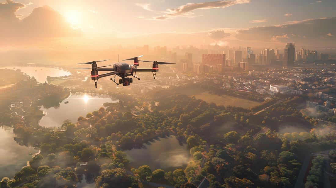 Drone moderno voando entre cidade e paisagem natural durante o pôr do sol, destacando versatilidade.