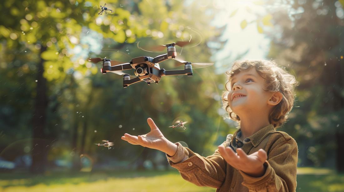 Criança feliz brincando com drone colorido em parque ensolarado, capturada com precisão fotográfica.