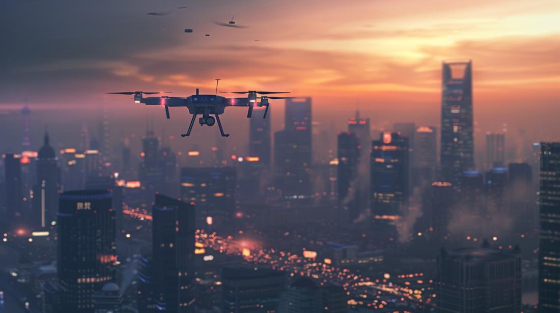Drone de vigilância avançado sobre cidade ao entardecer, destacando luzes urbanas e arquitetura sofisticada.