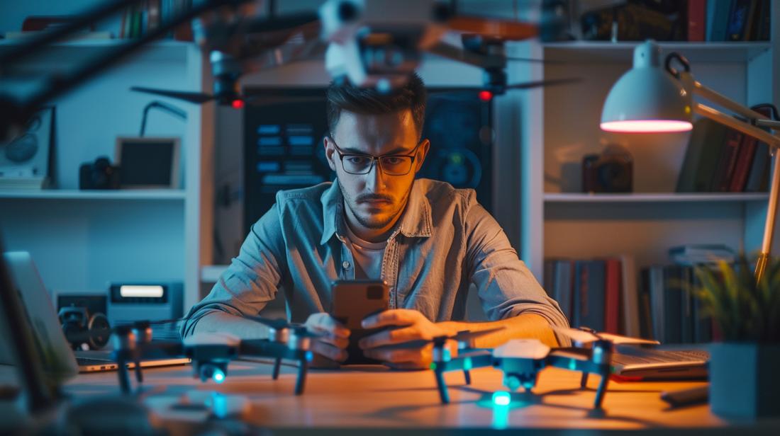 Pessoa frustrada tentando conectar drone ao Wi-Fi em um escritório moderno e tecnológico.