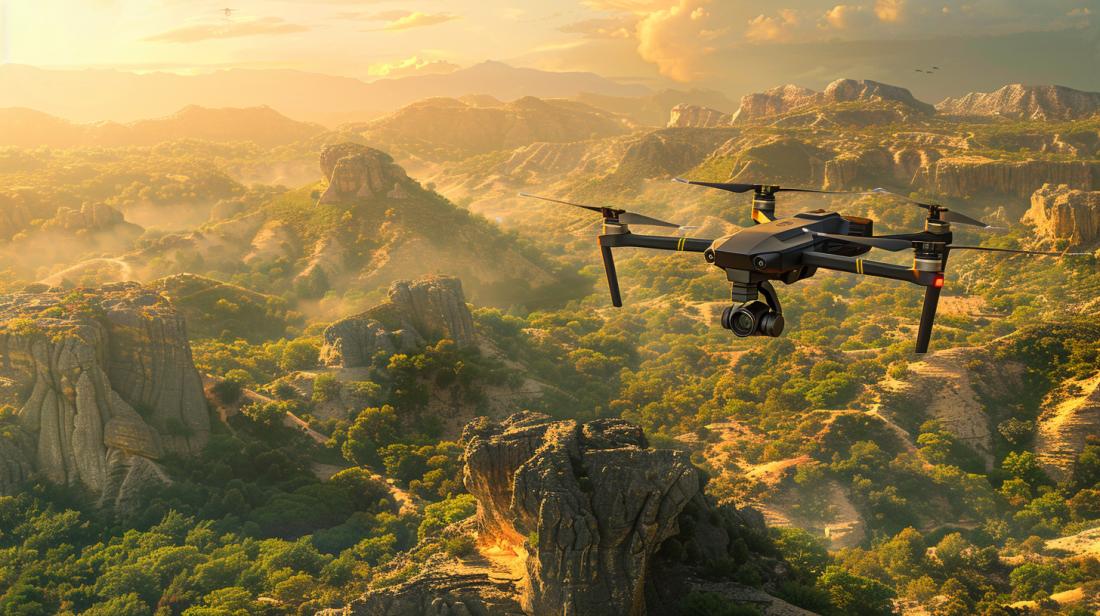 Drone de última geração realiza levantamento topográfico sobre paisagem acidentada ao pôr do sol.