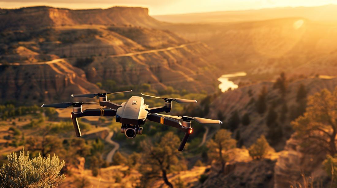 Fotografia hiper-realista de drone profissional com GPS voando sobre paisagem cênica ao pôr do sol.
