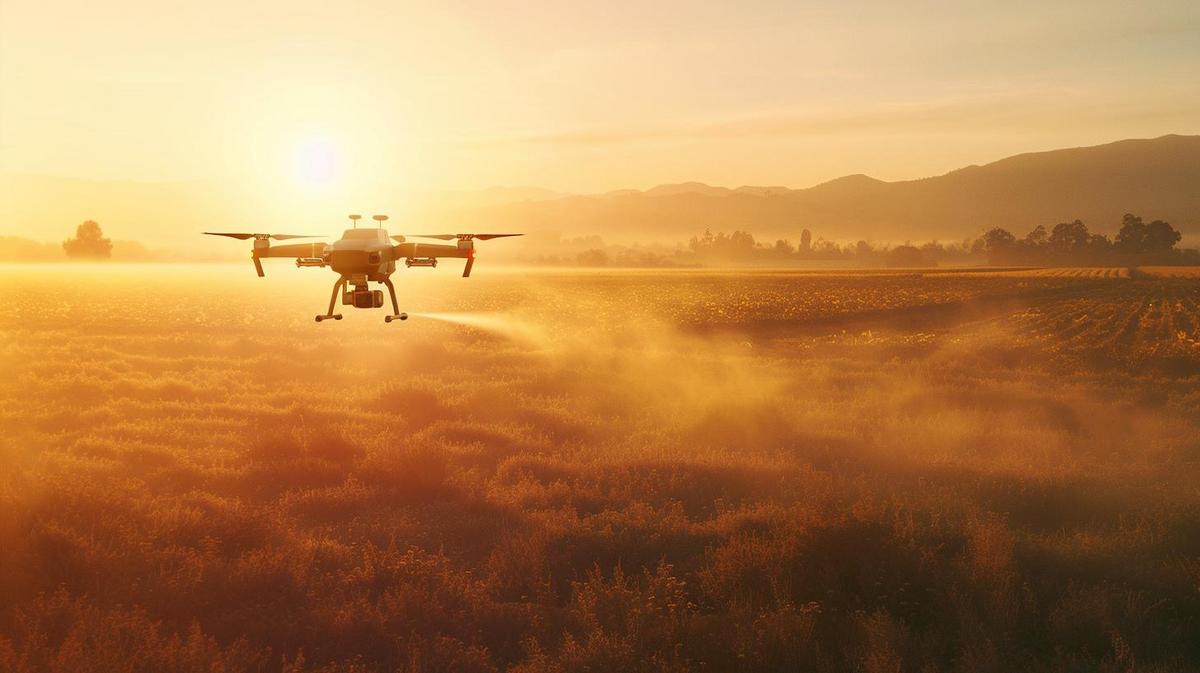 Drone agrícola hiper-realista pulverizando fazenda ao pôr do sol, destacando tecnologia e eficiência.
