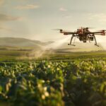 Drone Pulverizador sobre plantação verdejante em dia ensolarado, mostrando precisão e tecnologia avançada.