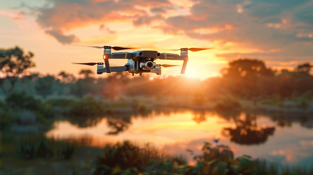 Drone moderno e acessível em voo ao pôr do sol sobre uma paisagem serena.
