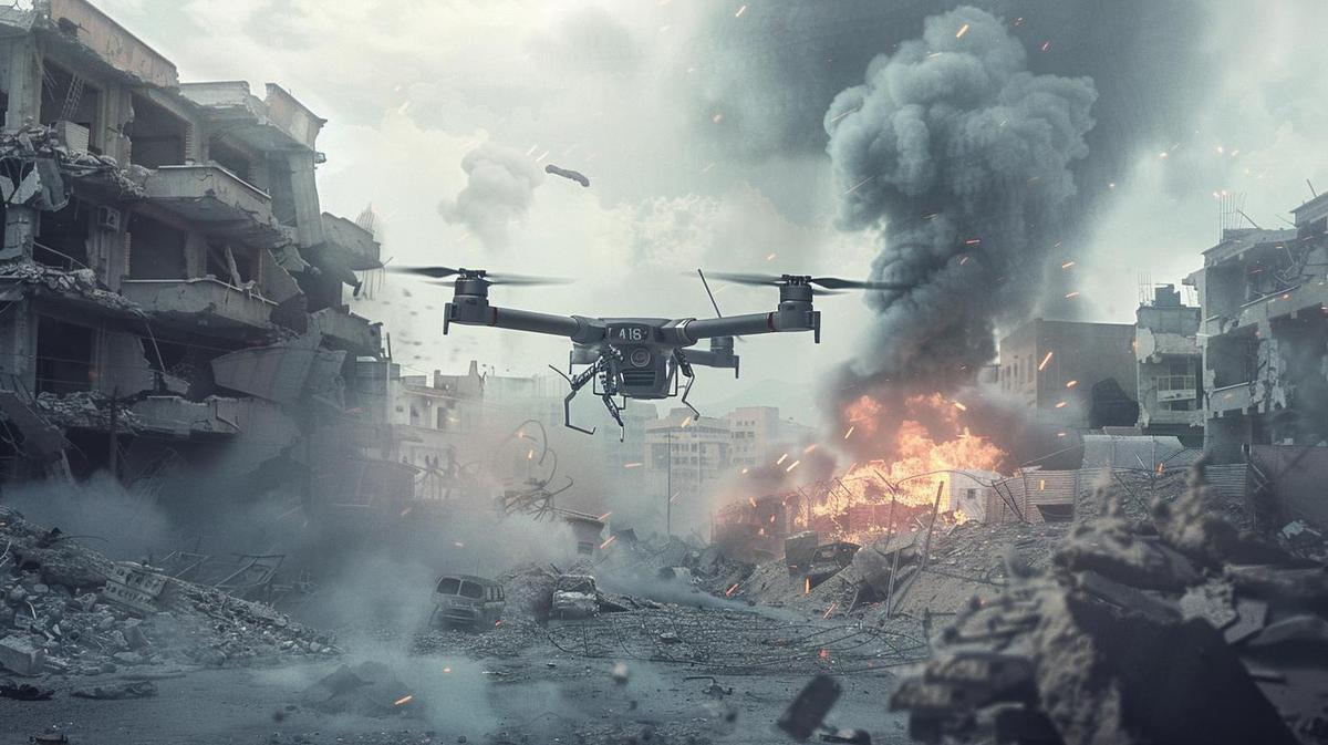 Fotografia hiper-realista de um drone kamikaze em pleno voo, prestes a atingir alvo.