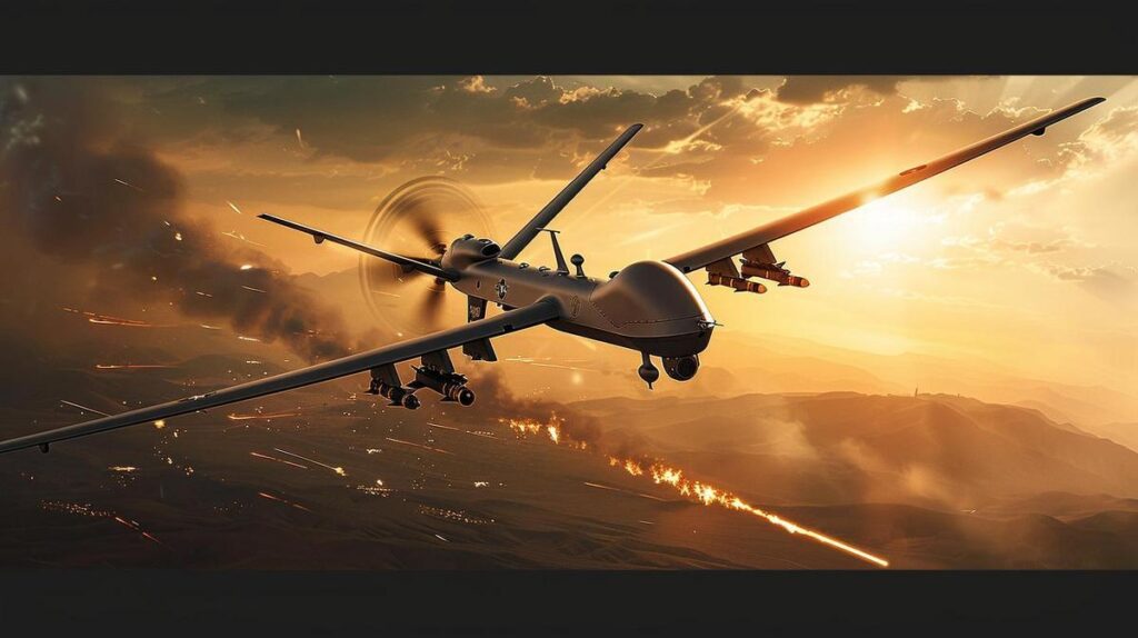 Fotografia hiper-realista de drone militar sobre zona militarizada ao pôr do sol.