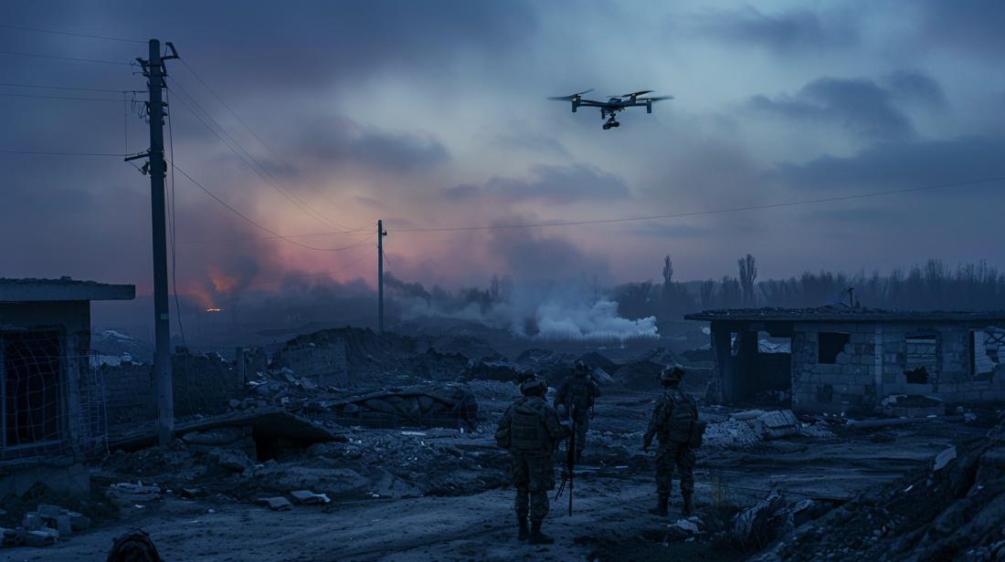 Fotografia hiper-realista de drone ucraniano em voo, operado por soldados em paisagem devastada pela guerra.