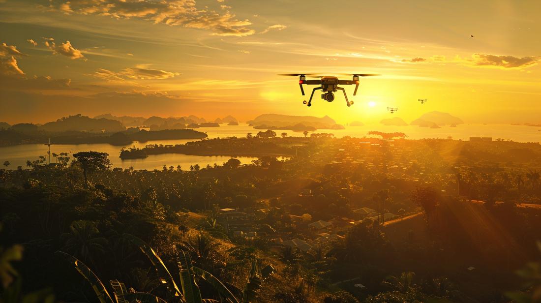 Foto hiper-realista do Drone T10 em voo, destacando design avançado contra pôr-do-sol deslumbrante.