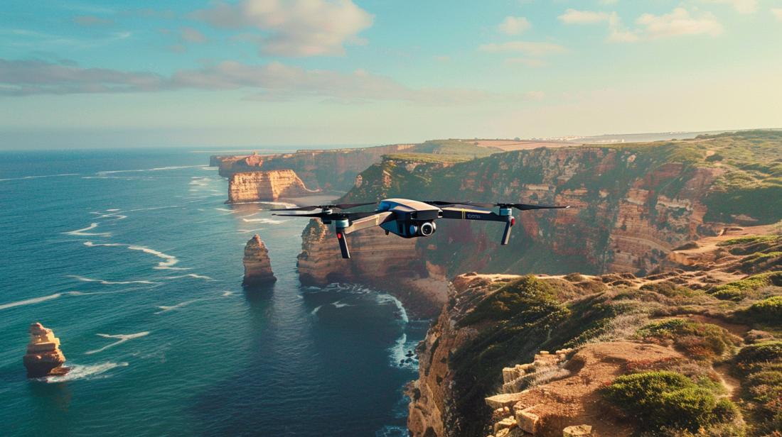 Fotografia de drone moderno sobrevoando as colinas verdes e falésias costeiras de Portugal.