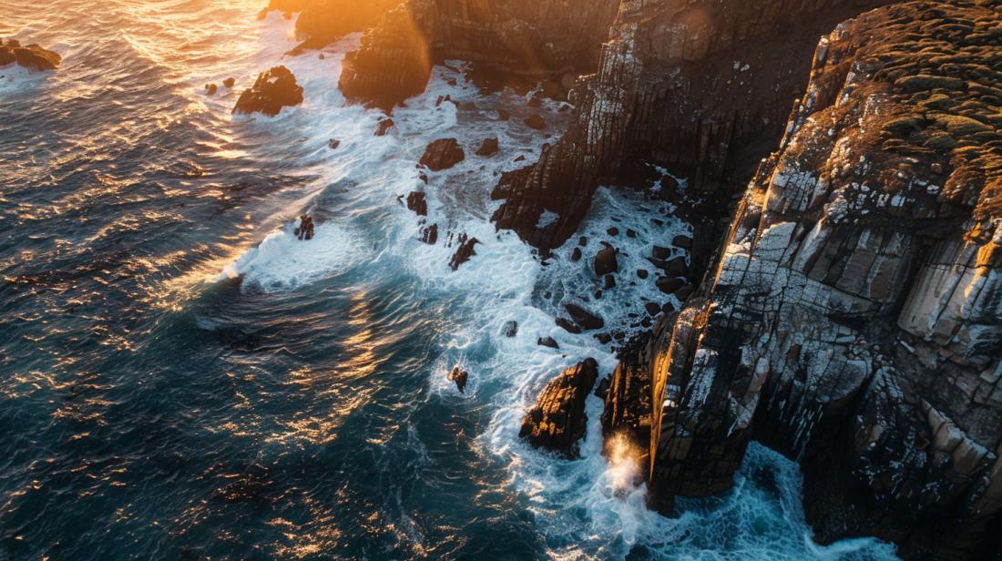 Foto hiper-realista de drone ao pôr do sol, destacando paisagem costeira deslumbrante.