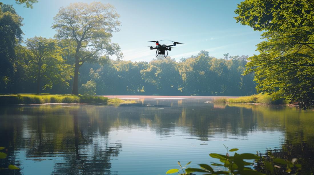 Uma pessoa controla um drone HP em um parque verdejante com lago azulado, dia ensolarado.