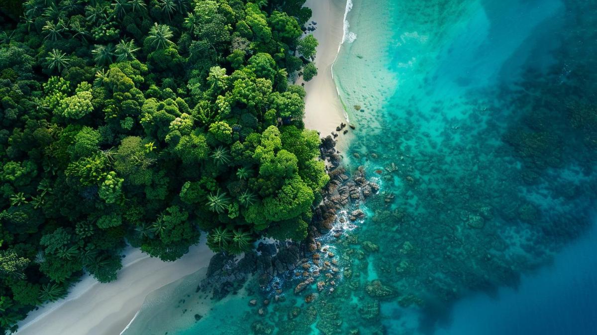 Fotografia aérea hiperralista da Ilha North Sentinel, destacando praias e vegetação tropical intocada.