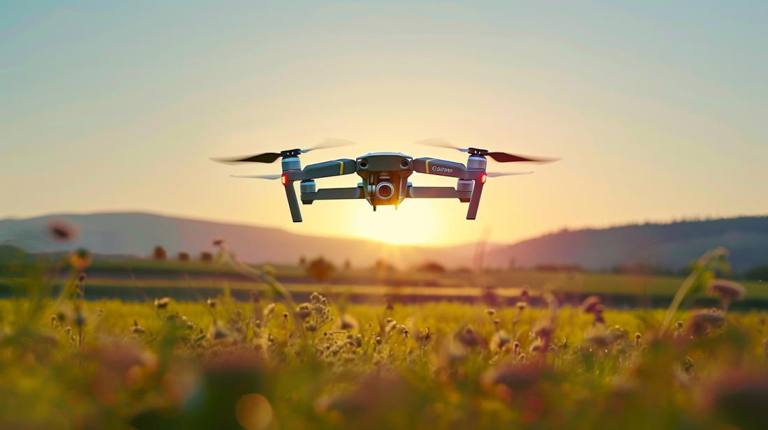 Um drone principiante paira no céu azul, controlado por um jovem entusiasta.