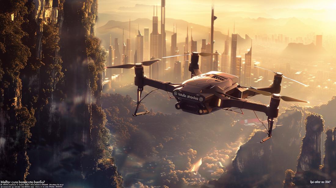 Drone futurístico em cena urbana e natural, capturado com detalhes impressionantes ao pôr do sol.