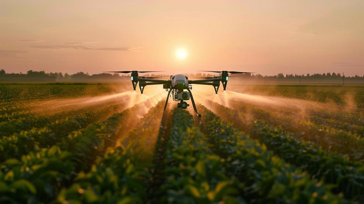 Drone agrícola avançado pulveriza campos ao amanhecer, destacando precisão e eficiência tecnológica.