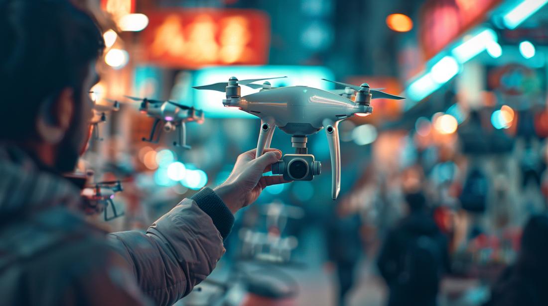 Entusiasta inspeciona drone de segunda mão em movimentado mercado urbano, destacando entusiasmo e tecnologia moderna.