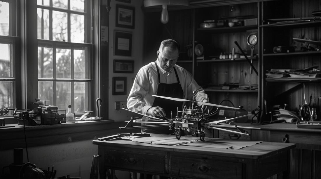 Foto hiper-realista de inventor em oficina dos anos 1930 ajustando protótipo de drone.