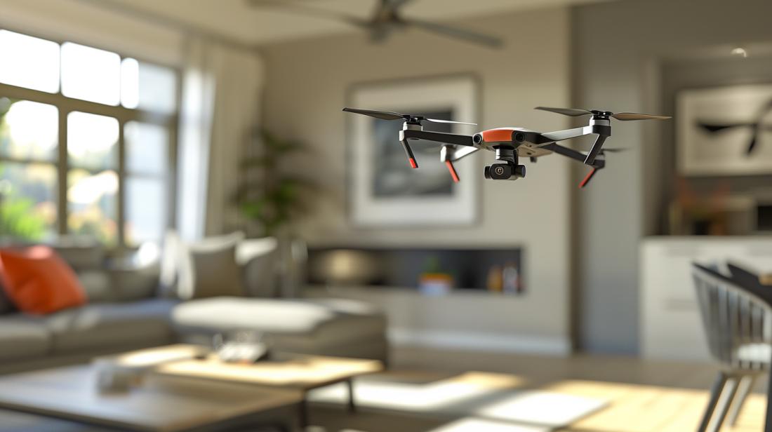 Fotografia hiper-realista do Parrot Mini Drone Rolling Spider voando em uma sala moderna.
