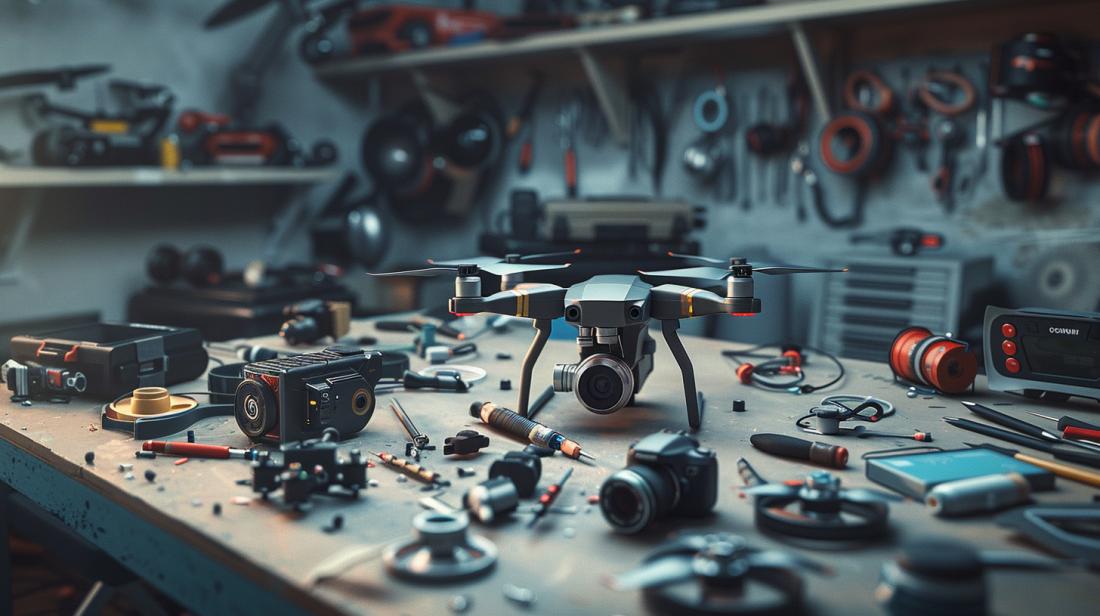 Fotografia hiper-realista de peças essenciais de drone exibidas ordenadamente em bancada bem iluminada.