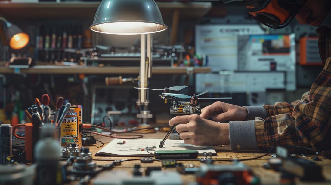 Fotografia hiper-realista de entusiasta ajustando controlador de velocidade em drone, em oficina bem iluminada.