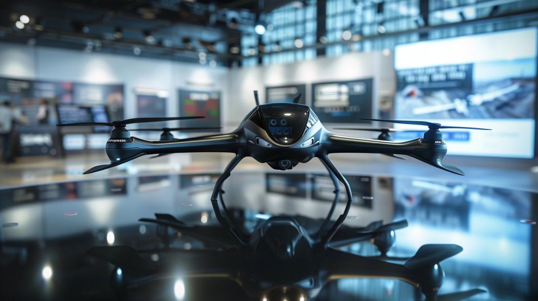 Drone T40 exposto em showroom moderno, destacando sensores avançados e preço acessível.