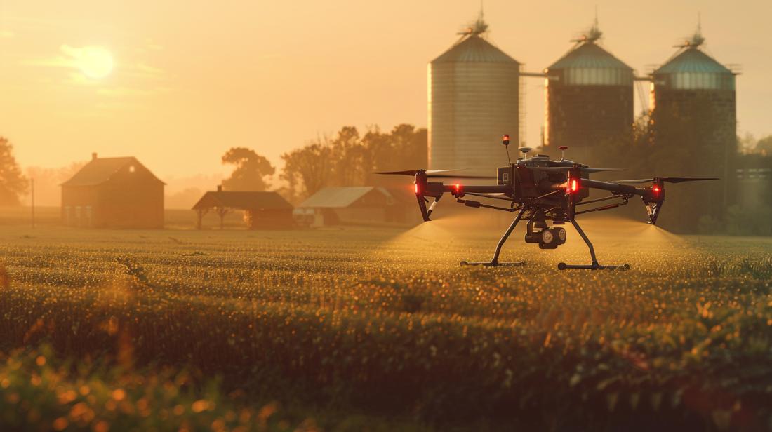 Drone agrícola de alta tecnologia operando em fazenda ao entardecer, misturando tradição e inovação.