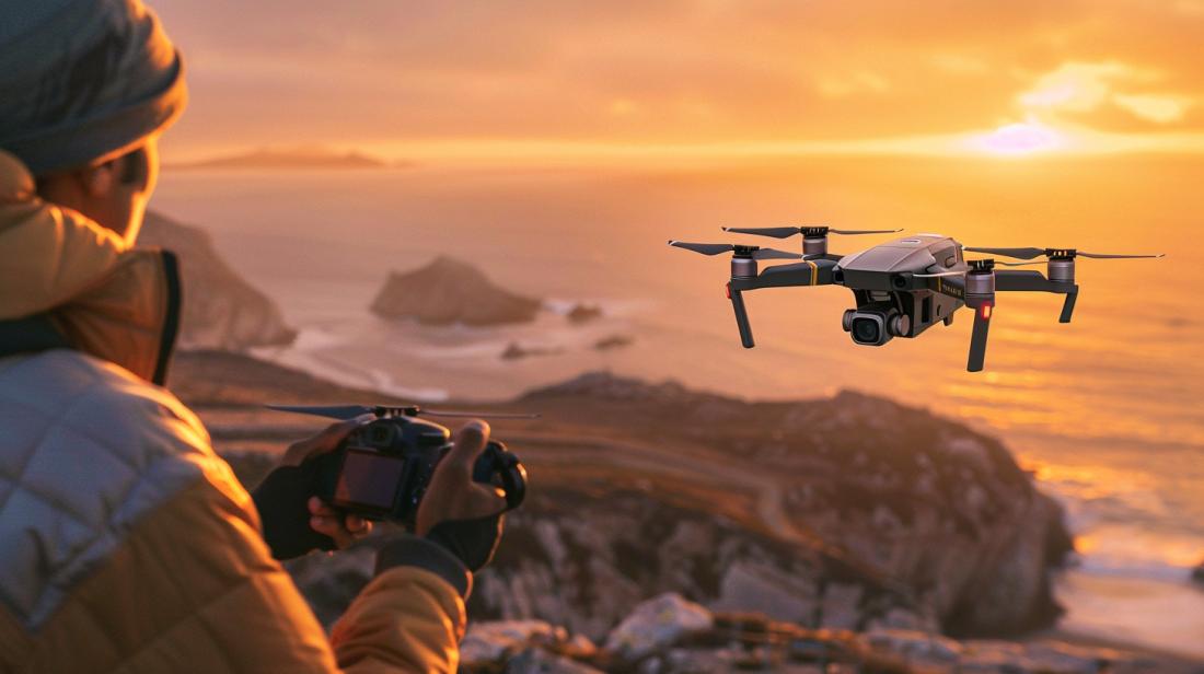 Piloto moderno em penhasco com controlador de drone, tela nítida mostrando paisagem costeira ao pôr do sol.