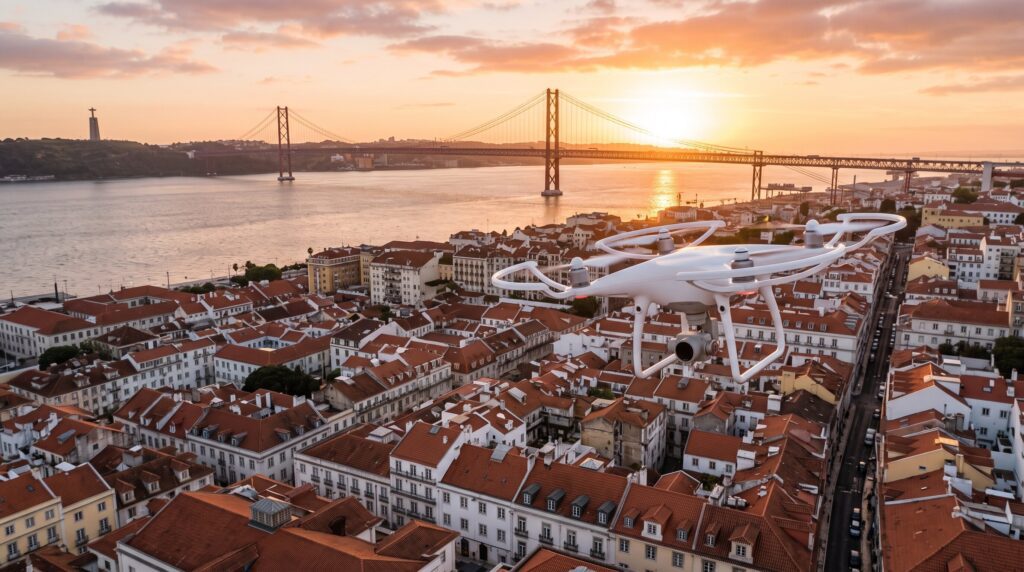 Drone branco a voar sobre os telhados de Lisboa com a Ponte 25 de Abril e o Tejo ao fundo, ao pôr do sol